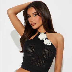 Elegant Black Crochet Halter Top with Floral Accents